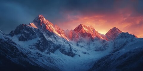 Stunning mountain landscape at sunrise, showcasing majestic peaks illuminated by warm colors against a serene sky.