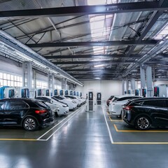 Several black and white electric vehicles are charging at dedicated stations in a contemporary car factory, enhanced by bright indoor lighting