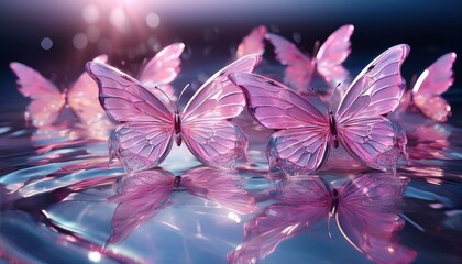 several pink crystal butterflies with transparent wings, reflecting a delicate and sacred appearance as they create ripples on crystal clear, sparkling water, forming a seamless pattern.