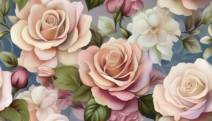 Summer blossoming delicate roses on blooming flowers festive background, pastel and soft bouquet floral card. seamless wallpaper Created with Generative AI technology.