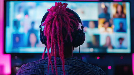 Person with vibrant pink dreadlocks in virtual meeting