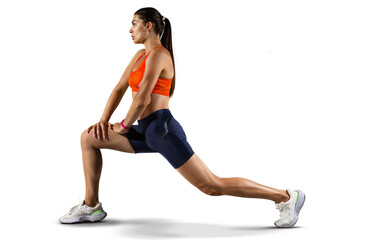 Fototapeta na wymiar Beautiful woman at the gym doing fitness exercises. Sports transparent background. 