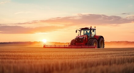 Obraz premium A red tractor works in a golden wheat field during sunset, showcasing agricultural productivity and rural serenity.