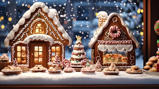 Gingerbread Houses and Christmas Tree in Snowy Scene