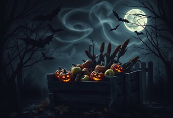 A spooky Halloween poster with a dimly lit forest backdrop, where twisted, gnarled trees reach toward a purple-orange sky. 