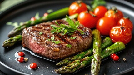 A close-up of a succulent steak served with grilled asparagus and cherry tomatoes, garnished with fresh herbs, on a sleek black plate.