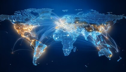 This visual illustrates a world map with illuminated pathways connecting major cities in Latin America, symbolizing the extensive reach of digital marketing services across the region
