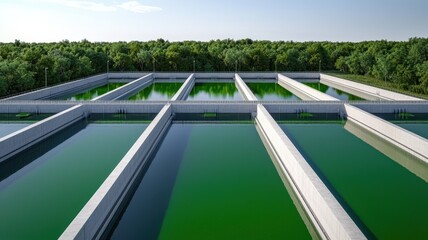 Fototapeta premium An aerial view of a modern algae farm with multiple rectangular ponds, surrounded by lush greenery under a clear sky.