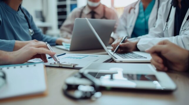 A group of doctors are sitting around a table with laptops and pens