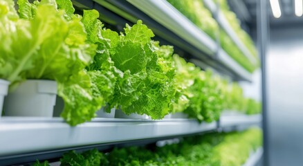 The image showcases vibrant green lettuce growing in an indoor farming setup, neatly arranged in rows on shelves.