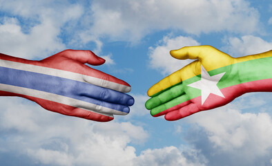 Myanmar aka Burma and Thailand country handshaking with flags, consensus concept international co-operation illustration