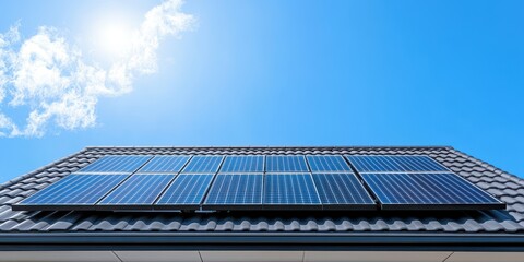 A bright solar panel installation on a roof capturing sunlight under a clear blue sky, promoting renewable energy.