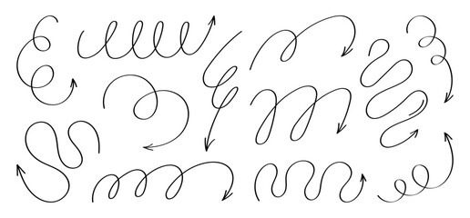 Collection of different hand-drawn arrows. Doodle style curved and squiggly arrows. Can be use for presentations, infographics and graphic design. Vector illustration 
