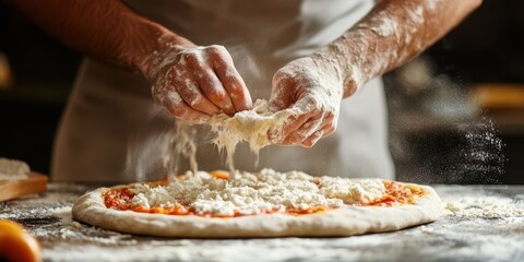 A chef preparing pizza dough, skillfully adding fresh cheese in a rustic kitchen environment, creating a delicious masterpiece.