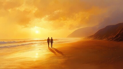 A couple walking hand in hand along a deserted stretch of sandy beach, with the sun setting behind them and casting a warm glow.