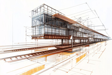 An architectural sketch showcasing a train station design with detailed structural elements and linear perspective