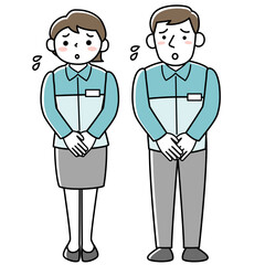 困った表情の女性店員と男性店員