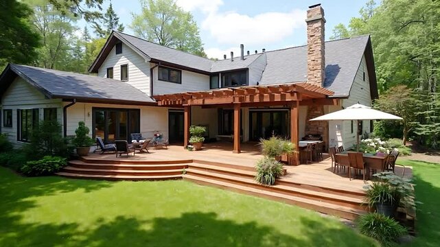 Two-Story House with Large Wooden Deck and Pergola