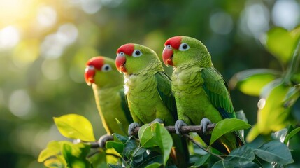 Parrots in Harmony, A vibrant gathering of green parrots perched on a leafy branch, surrounded by lush foliage, showcasing their vivid plumage and social bonds. © peera