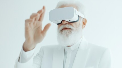 Bearded senior man in elegant white suit engaging with invisible objects in cyberspace, immersed in modern VR goggles, minimalist background, clean and simple setting