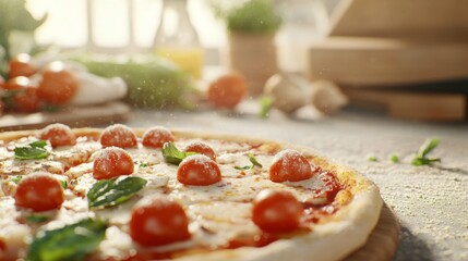 Homemade Pizza Delight, close-up view of a mouthwatering pizza topped with fresh ingredients, showcasing vibrant colors and textures that highlight its deliciousness.