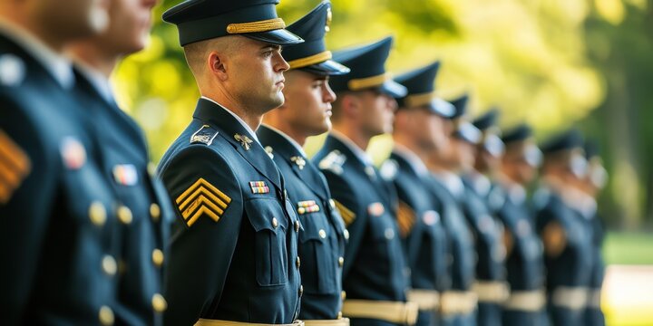 A lineup of military personnel in uniform, showcasing discipline, honor, and commitment during a formal ceremony.