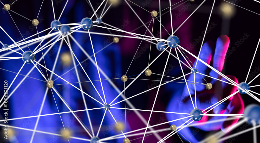 Poster Global network. Blockchain. 3D illustration. Neural networks and artificial intelligence. Abstract