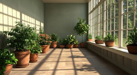 A sunlit indoor space filled with various potted plants, casting interesting shadows on the floor.