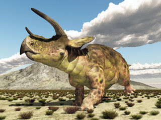 Dinosaurier Nasutoceratops in einer Landschaft