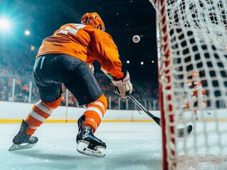 Obraz premium Hockey player in orange jersey taking a shot on goal during an exciting game.