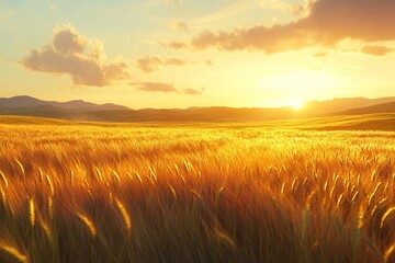 Obraz premium A detailed close-up panoramic view of golden wheat fields gently swaying in the breeze under a clear azure sky during a vibrant sunset. Warm sunlight casts a golden glow over the landscape.