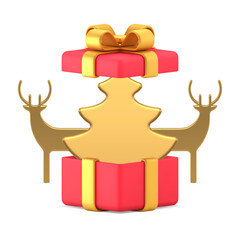 Christmas red gift box with golden spruce and deer toy 3d icon realistic vector illustration. Xmas New Year premium present surprise package with bow for winter holiday celebration