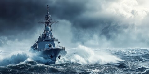 A powerful naval ship navigating through turbulent waters under a stormy sky, showcasing maritime strength and resilience.