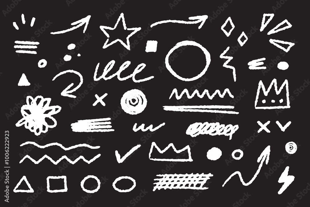 Poster collection of hand drawn simple decorative elements. doodle shapes and squiggles in grunge style.
