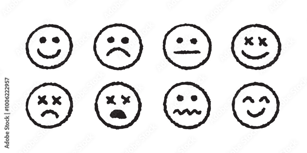 Poster collection of hand drawn simple emoji. doodle different expressions. vector faces in grunge style.