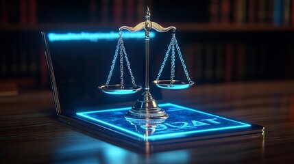 Digital scales of justice on tablet screen. Law and justice concept. Rendering