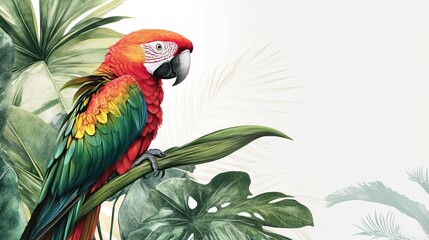 Fototapeta premium Colorful parrot perched among lush tropical leaves, showcasing vibrant plumage and natural beauty.