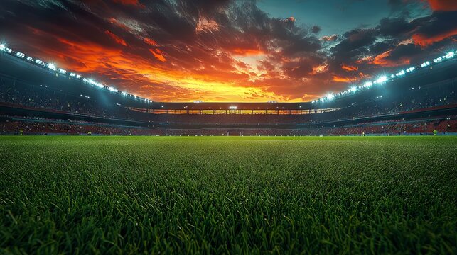Evening football stadium with green grass and lights