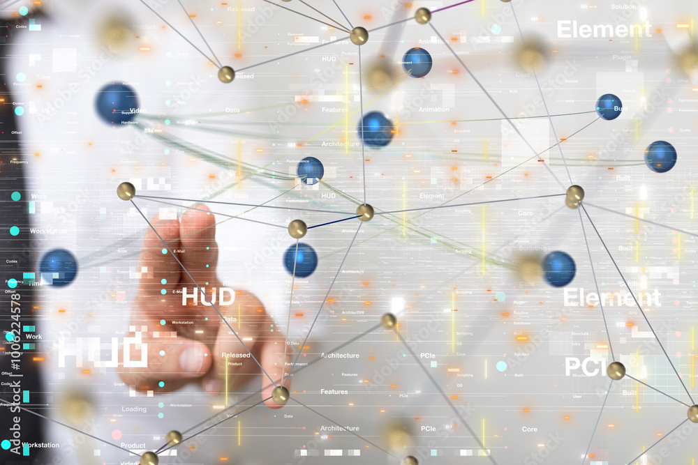 Poster Global network. Blockchain. 3D illustration. Neural networks and artificial intelligence. Abstract