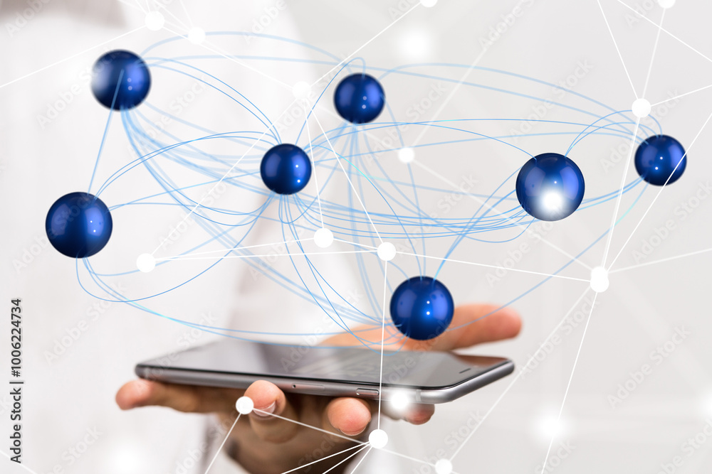 Leinwandbilder Global network. Blockchain. 3D illustration. Neural networks and artificial intelligence. Abstract  - 3d