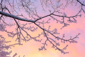 Frost-covered tree branches glisten under a pastel pink and orange dawn sky creating a tranquil November scene