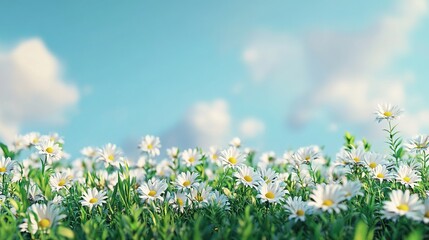 Vibrant Field of White Daisies Under Blue Sky