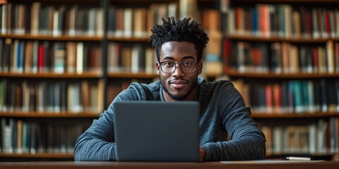 Smiling Student Using Laptop for Online Learning in a Bright Library