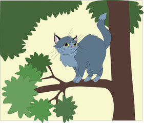 gray cat with yellow eyes on a tree