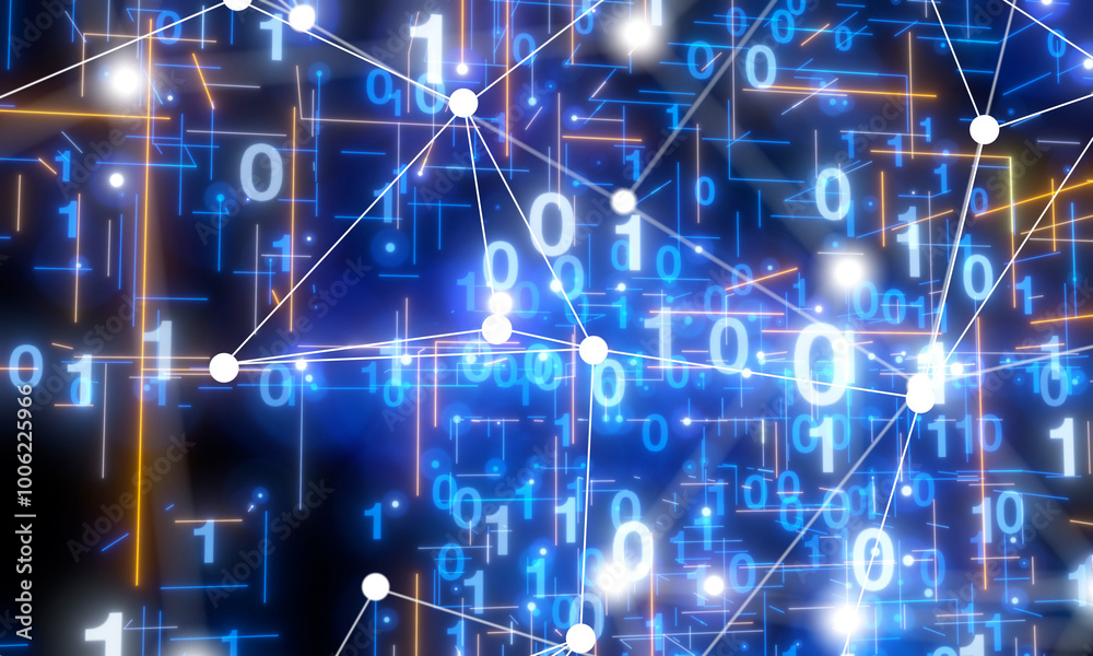 Poster Neural network 3D illustration. Big data and cybersecurity