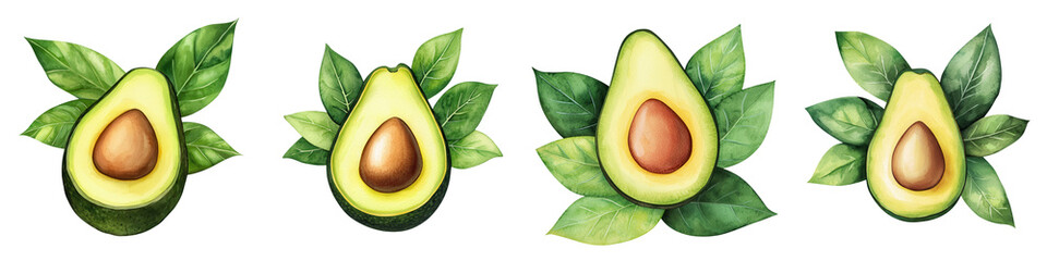 Fresh avocados with green leaves on white isolated background.