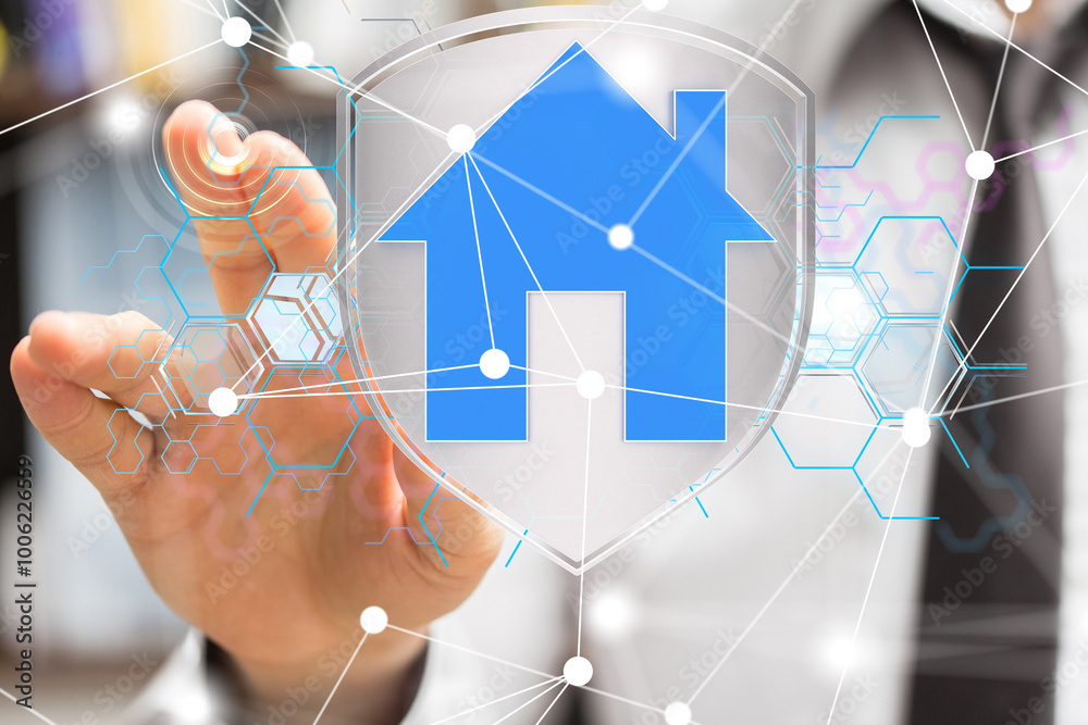 Poster home iot - Neural network 3D illustration. Big data and cybersecurity - 3d