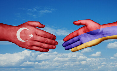 Armenia and Turkey country handshaking with flags, consensus concept international co-operation illustration