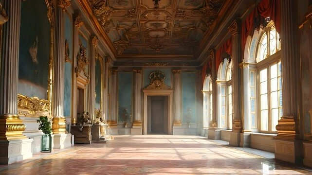 Grand Hallway with Ornate Ceiling, Gilded Walls, and Large Windows