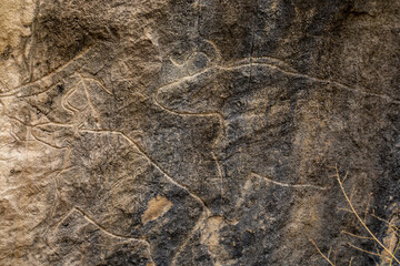 Gobustan, Azerbaijan Ancient petroglyphs in the rock in the Boyukdash Park depict a bull.